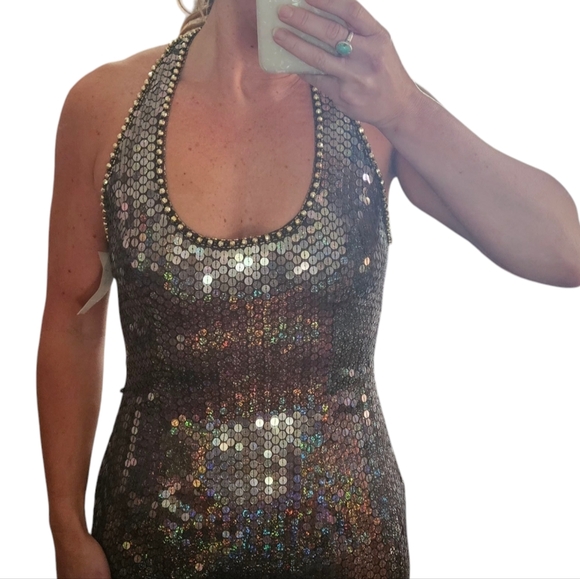 NITELINE Vintage Della Roufogali Bronze Sequinhalter longevening gown.Size4 NWT - Picture 4 of 16